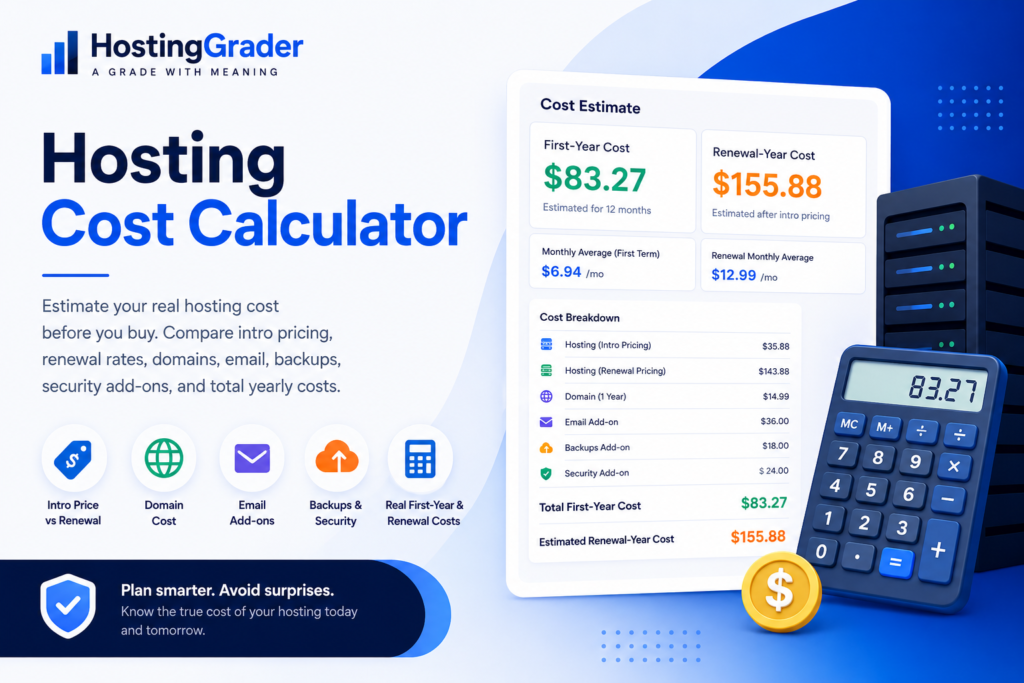 HostingGrader Hosting Cost Calculator graphic showing first-year cost, renewal-year cost, domain cost, email add-ons, backups, security, and total hosting expenses.