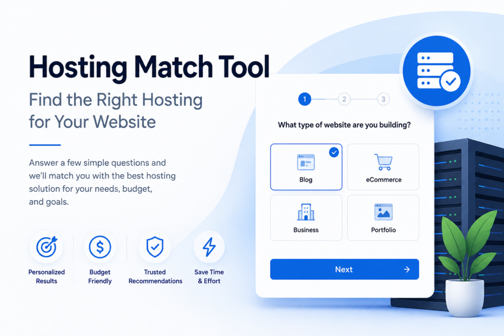 HostingGrader Hosting Match Tool image showing a guided hosting quiz to find the right web host by website type, budget, and needs.