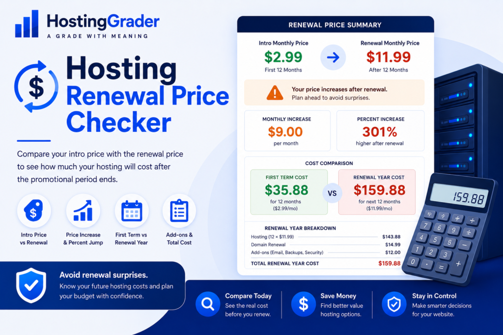 HostingGrader Hosting Renewal Price Checker image showing intro price, renewal price, monthly increase, percent jump, add-ons, and total renewal-year cost.