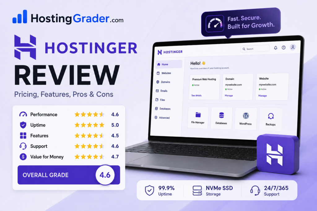 HostingGrader Hostinger Review feature image showing Hostinger pricing, features, pros and cons, performance, uptime, support, value, and hosting dashboard.