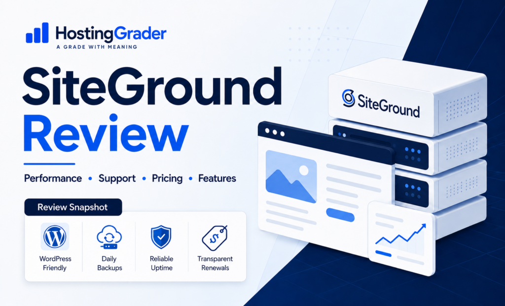 HostingGrader SiteGround Review feature image showing SiteGround hosting review highlights for performance, support, pricing, features, WordPress, backups, uptime, and renewals.