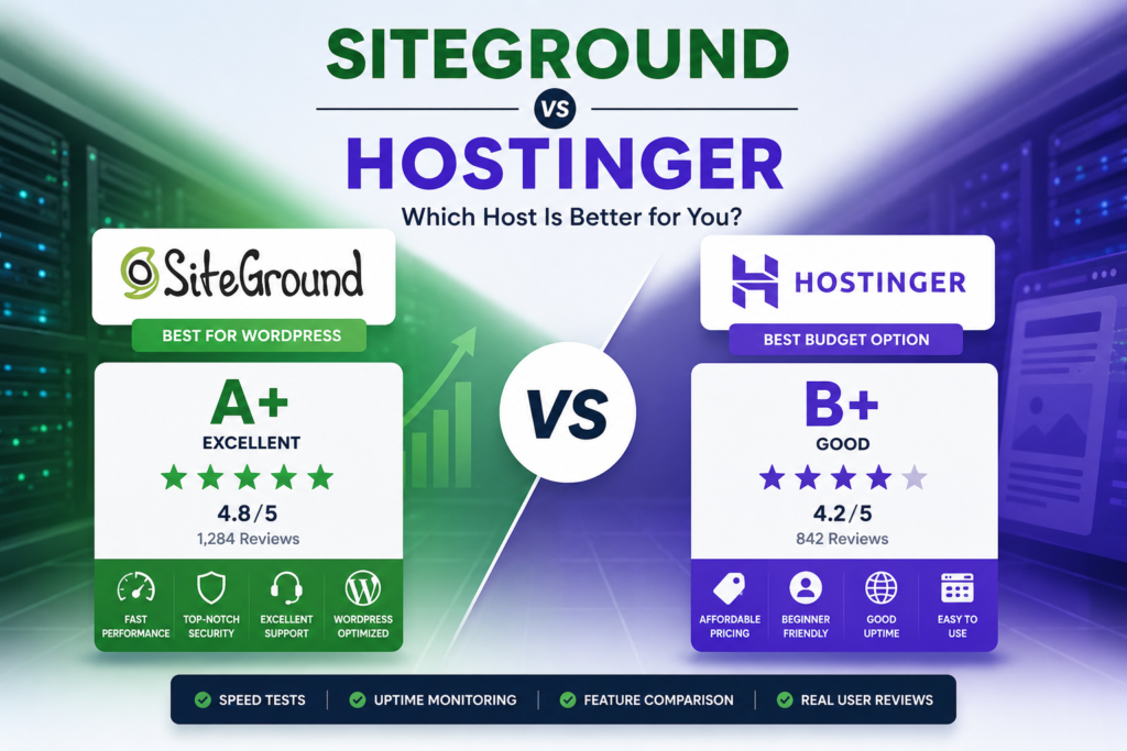 SiteGround vs Hostinger comparison graphic showing hosting grades, ratings, performance, uptime, support, and pricing highlights.