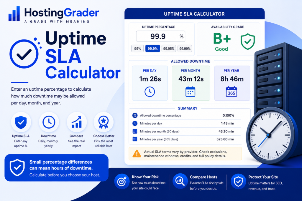 HostingGrader Uptime SLA Calculator image showing uptime percentage, availability grade, and allowed downtime per day, month, and year.